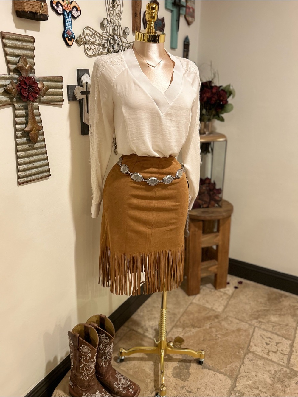 Vocal Tan Suede-Look Fringe Mini Skirt